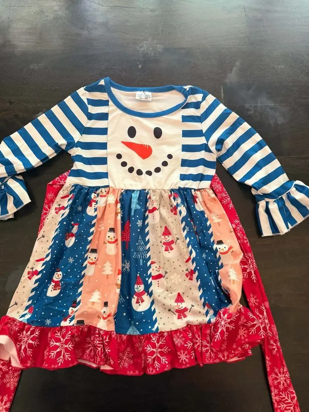 Boutique Snowman Girls Christmas Panel Twirl Dress With Hair Bow Size S (3)